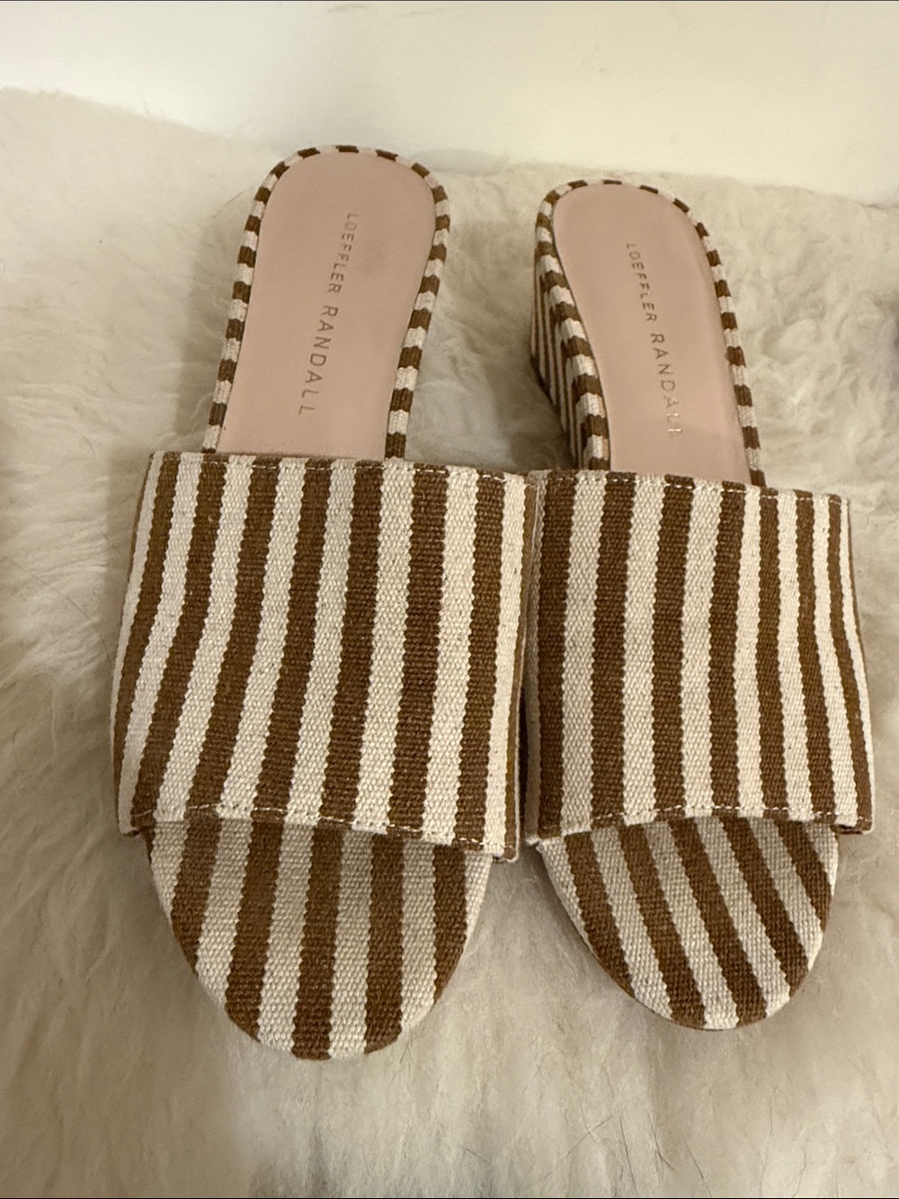 Loeffler Randall Tan and White Striped Slide Mules